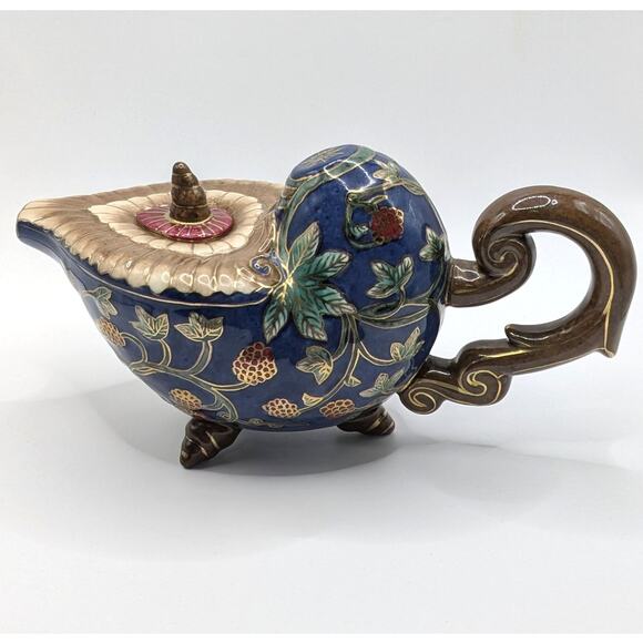 Vintage Painted Footed Ceramic Decorative Asian Teapot Oriental Accent Inc Blue - Picture 1 of 9